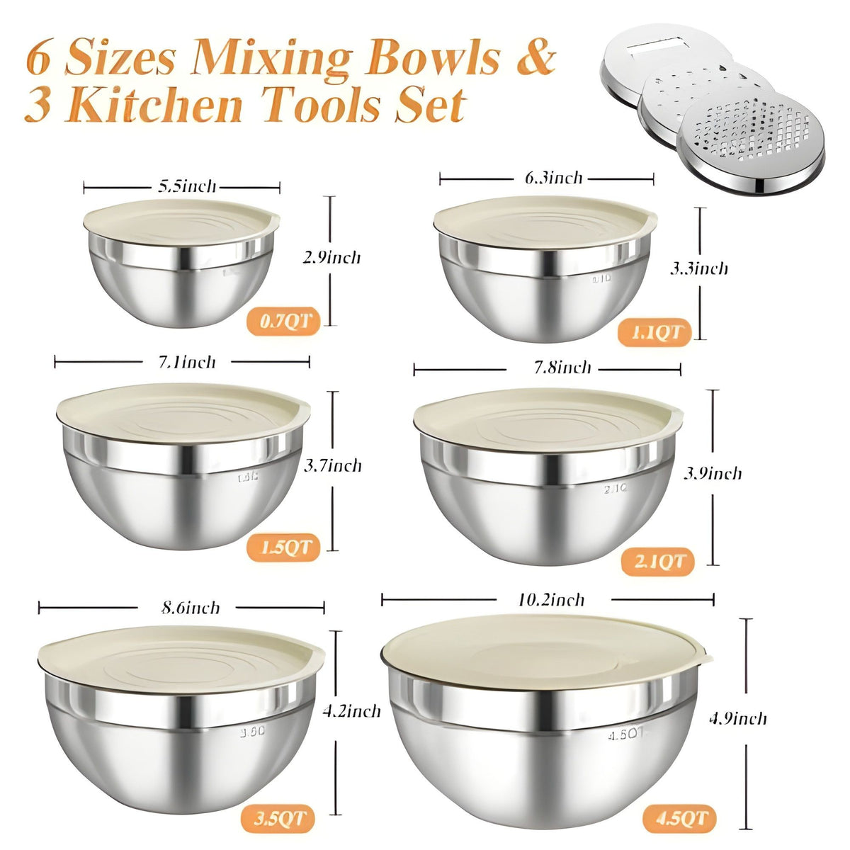Set 6 Boluri pentru Mixare si Depozitare, Capace Ermetice si 3 Accesorii Razuire, Interior Gradat, Inox Premium 304, Design Nestable, Argintiu, 0.7-4.5 L