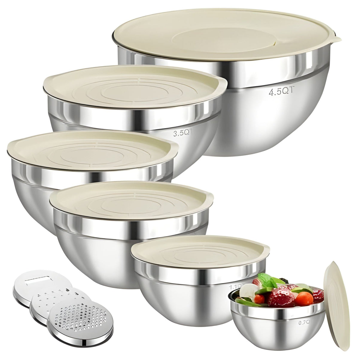 Set 6 Boluri pentru Mixare si Depozitare, Capace Ermetice si 3 Accesorii Razuire, Interior Gradat, Inox Premium 304, Design Nestable, Argintiu, 0.7-4.5 L