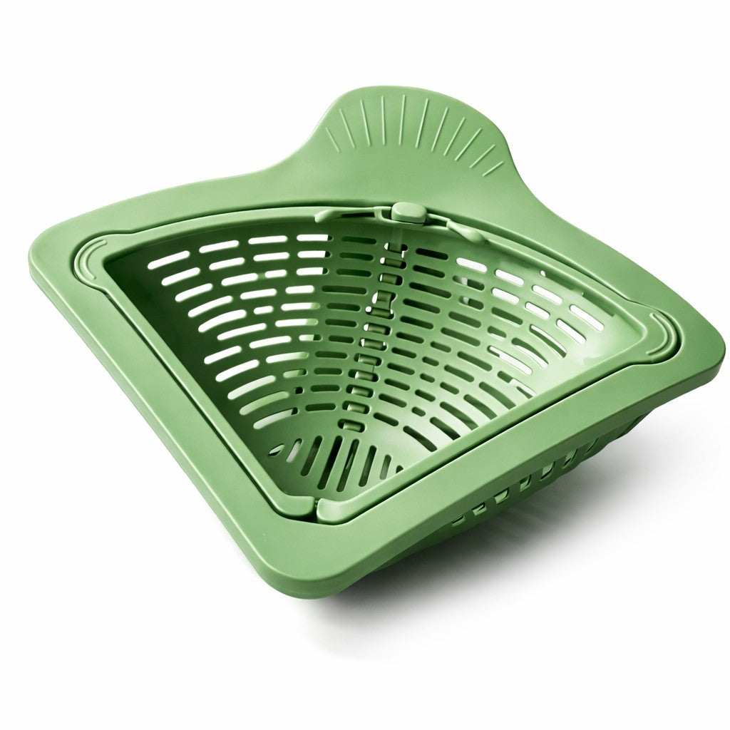 Cos Scurgere Chiuveta, Strecuratoare Triunghiulara pentru Resturi Alimentare si Legume, Suport Depozitare Burete, Plastic Perforat, 23 x 9.5 x 6 cm, Verde