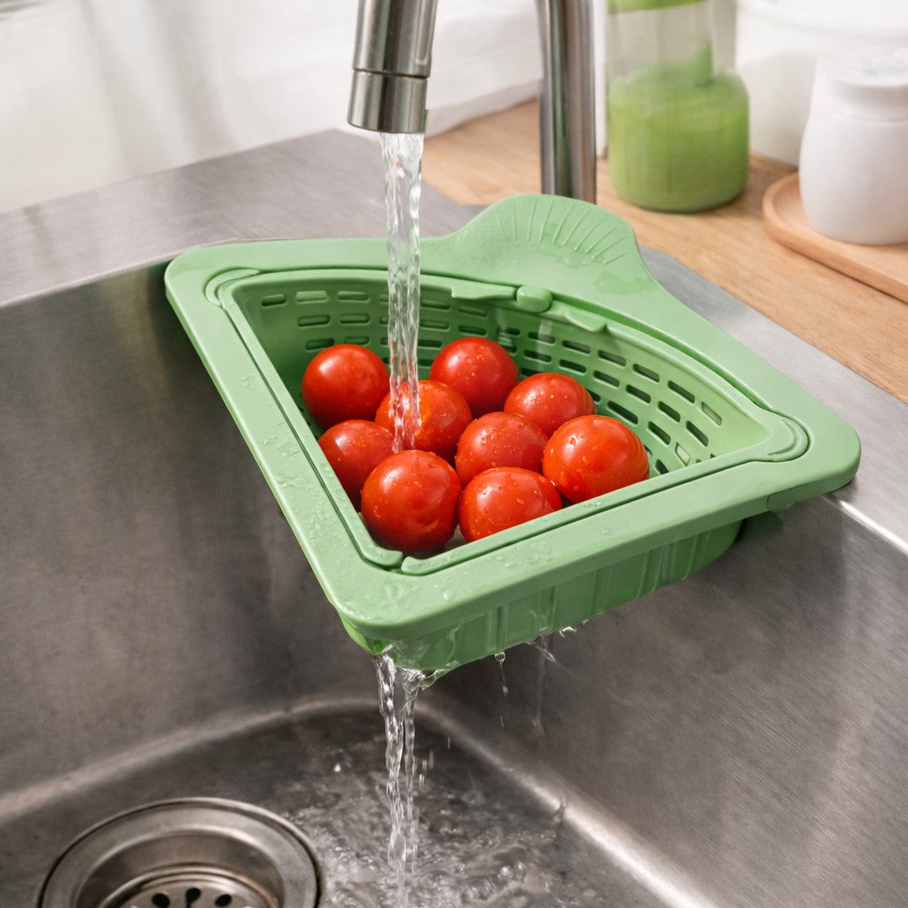 Cos Scurgere Chiuveta, Strecuratoare Triunghiulara pentru Resturi Alimentare si Legume, Suport Depozitare Burete, Plastic Perforat, 23 x 9.5 x 6 cm, Verde