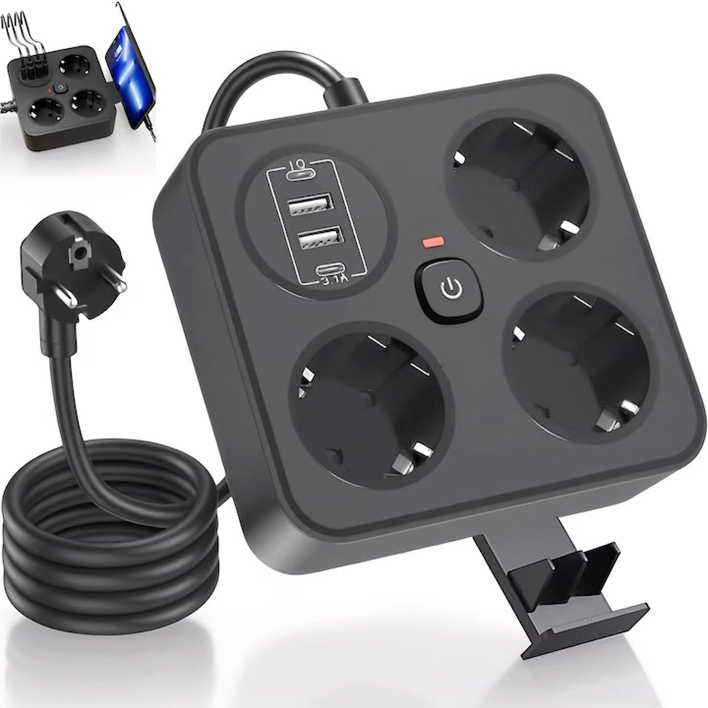 Prelungitor Multifunctional pentru Birou, 3 Prize Schuko, 2 Porturi USB-A si 2 USB-C, Suport Telefon, Material Ignifug, 3250W, Cablu 2 m, Negru