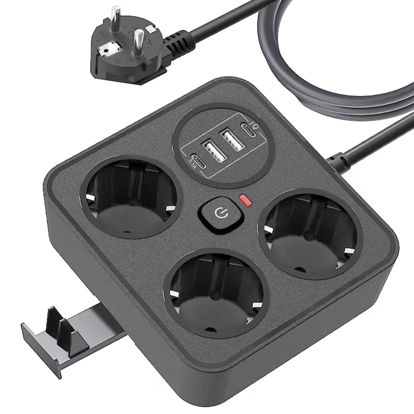 Prelungitor Multifunctional pentru Birou, 3 Prize Schuko, 2 Porturi USB-A si 2 USB-C, Suport Telefon, Material Ignifug, 3250W, Cablu 2 m, Negru