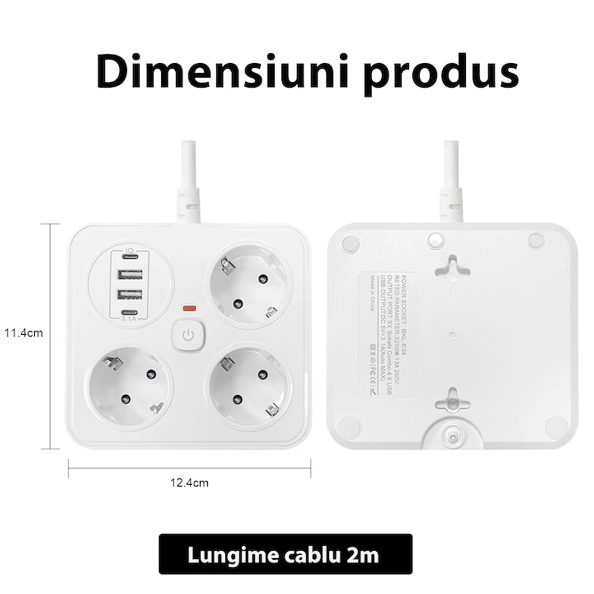 Prelungitor Multifunctional pentru Birou, 3 Prize Schuko, 2 Porturi USB-A si 2 USB-C, Suport Telefon, Material Ignifug, 3250W, Cablu 2 m, 11.4 x 12.4 cm, Alb
