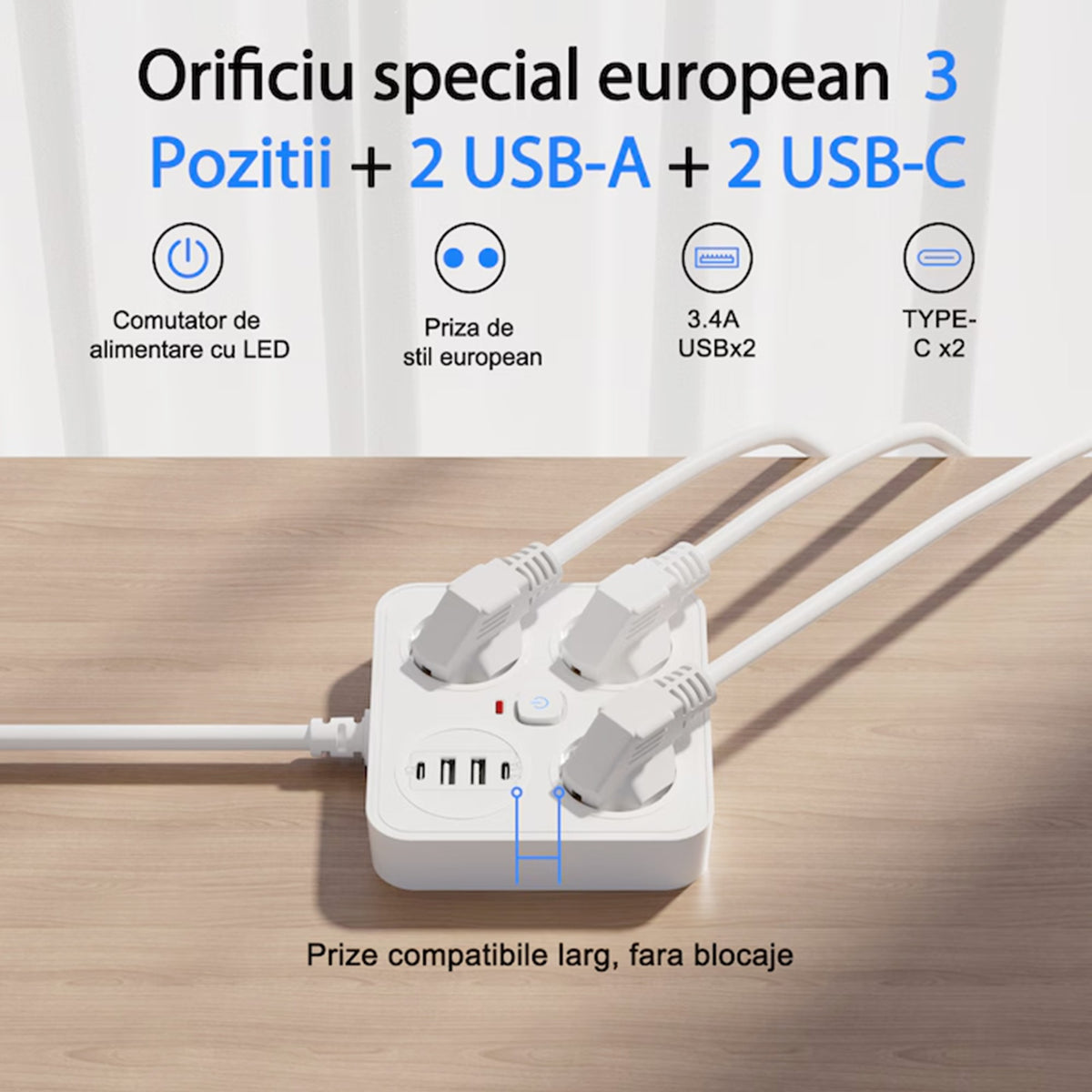 Prelungitor Multifunctional pentru Birou, 3 Prize Schuko, 2 Porturi USB-A si 2 USB-C, Suport Telefon, Material Ignifug, 3250W, Cablu 2 m, 11.4 x 12.4 cm, Alb