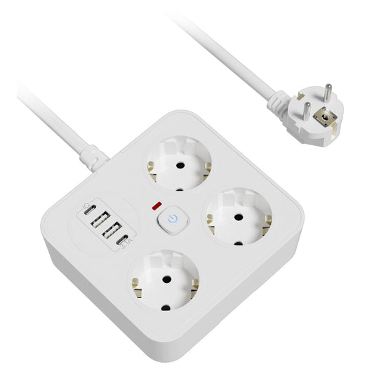 Prelungitor Multifunctional pentru Birou, 3 Prize Schuko, 2 Porturi USB-A si 2 USB-C, Suport Telefon, Material Ignifug, 3250W, Cablu 2 m, 11.4 x 12.4 cm, Alb