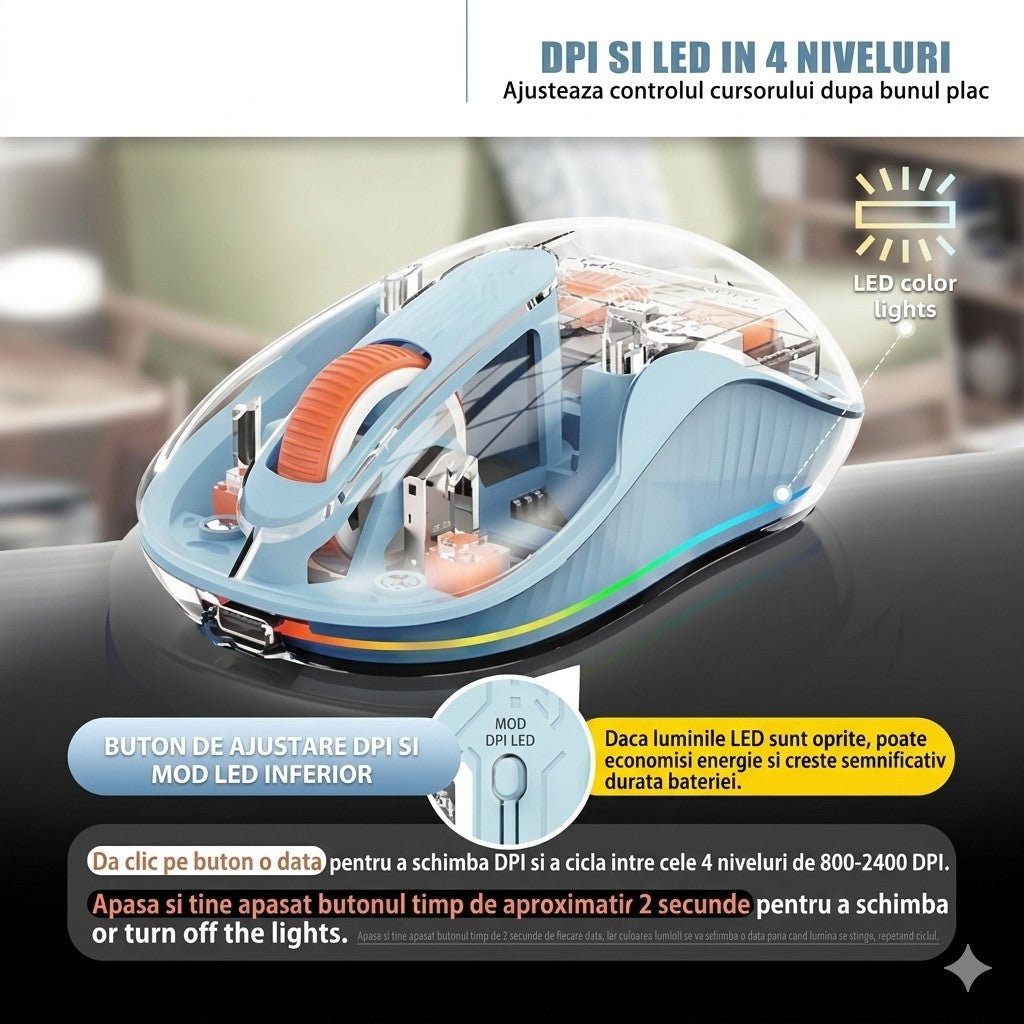 Mouse Wireless Dual Bluetooth si 2.4 GHz, Multi-Device, Receptor USB-C, 4 Niveluri DPI 800-2400, Silentios, Baterie Reincarcabila, Iluminare LED, Albastru