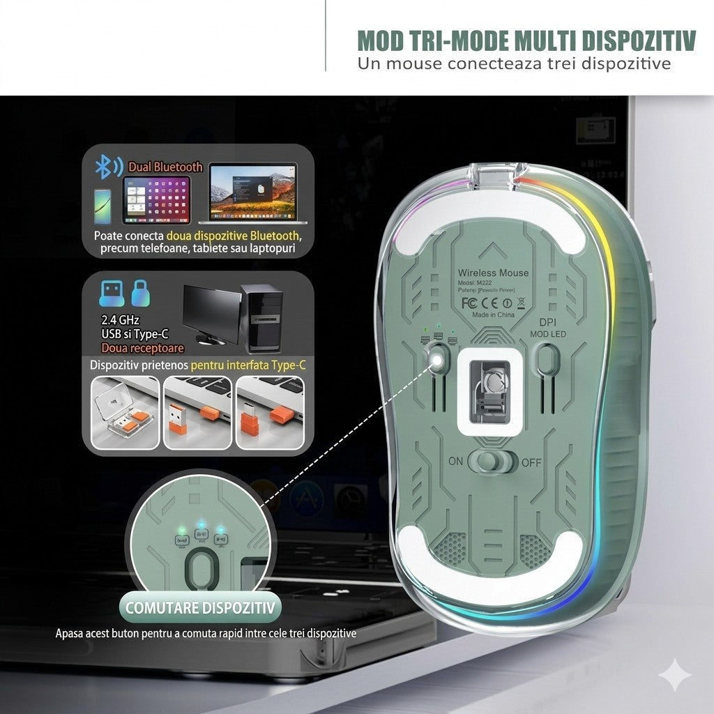 Mouse Wireless Dual Bluetooth si 2.4 GHz, Multi Device, Receptor USB-C, Reincarcabil, Silentios, 4 Niveluri DPI 800-2400, Iluminare LED, Compatibil MacBook si iPad, 10 x 6 cm, Verde