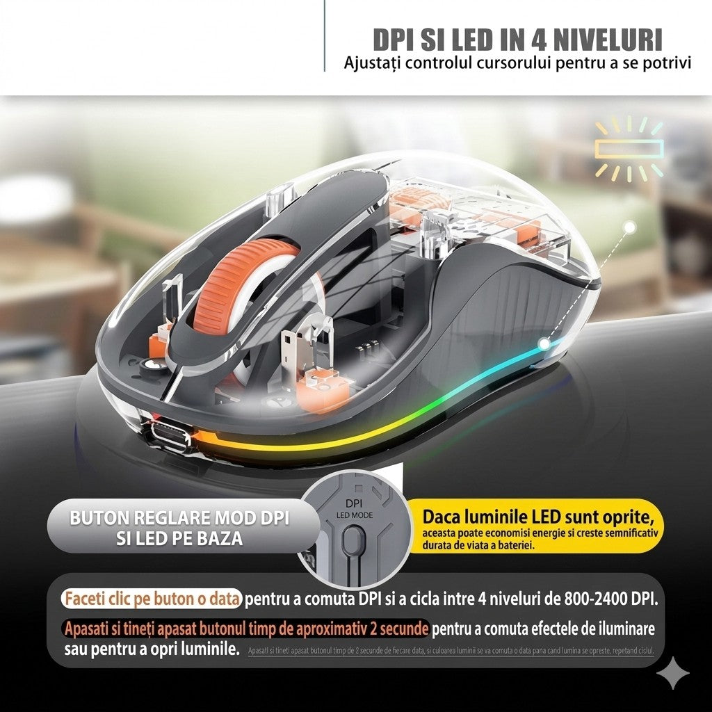 Mouse Wireless Dual Bluetooth si 2.4 GHz, Multi Device cu Receptor USB-C, Silentios si Reincarcabil, 4 Trepte DPI 800-2400, Iluminare LED, Ergonomic, 10 x 6 cm, Gri
