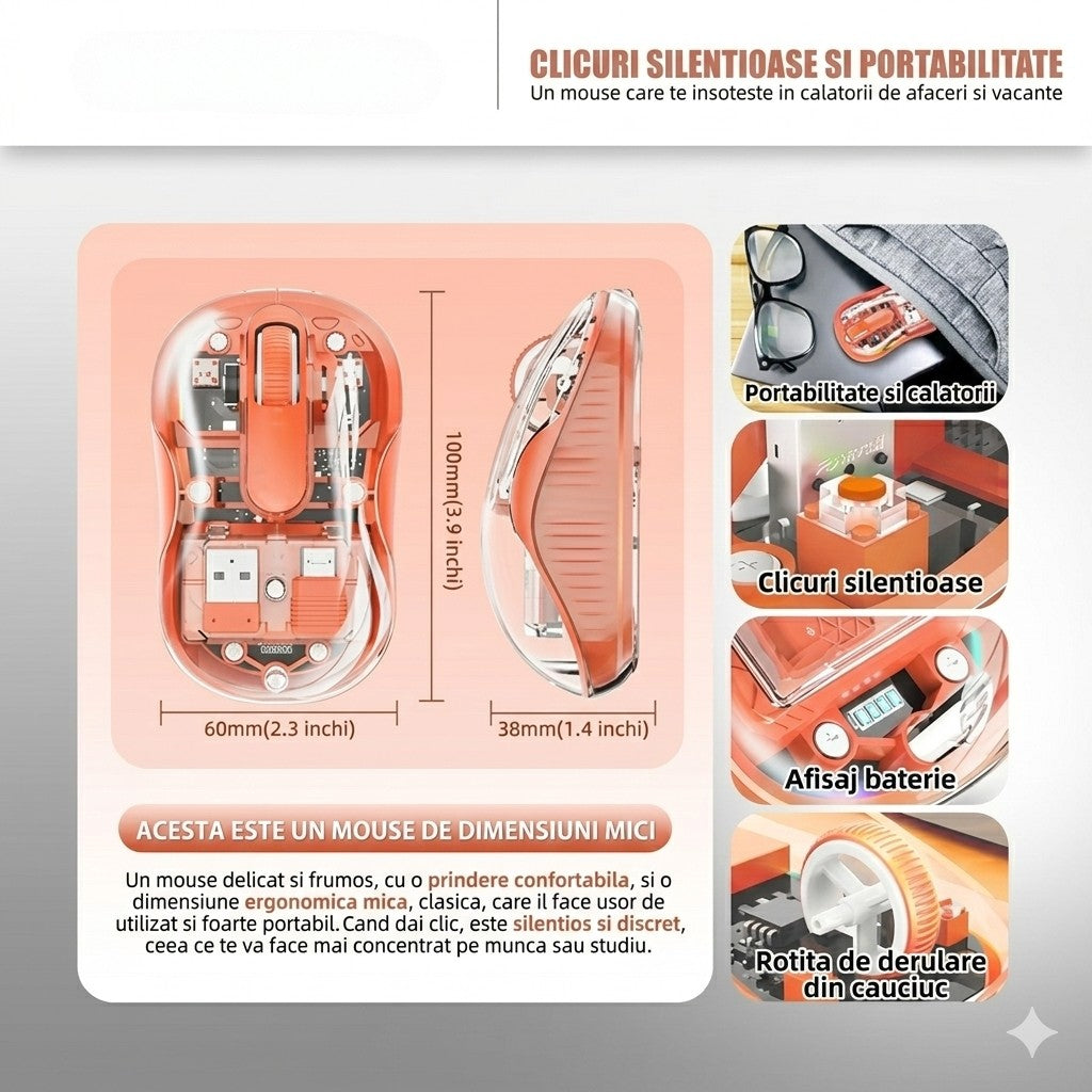 Mouse Wireless Dual Bluetooth si 2.4 GHz, Multi Device cu Receptor USB-C, 4 Niveluri DPI 800-2400, Silentios, Baterie Reincarcabila, Iluminare LED, 10 x 6 cm, Portocaliu
