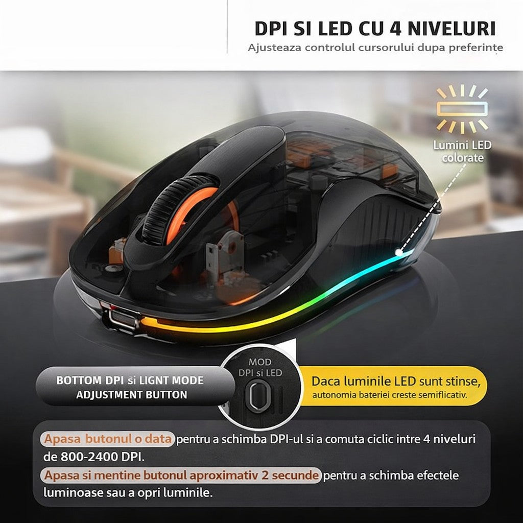 Mouse Wireless Dual Bluetooth si 2.4 GHz, Multi Device, Receptor USB-C, Reincarcabil cu Iluminare LED, 4 Niveluri DPI 800-2400, Silentios, Compatibil MacBook si Laptop, 10 x 6 cm, Negru