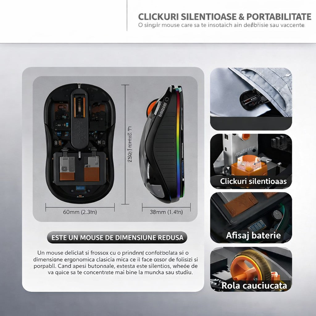 Mouse Wireless Dual Bluetooth si 2.4 GHz, Multi Device, Receptor USB-C, Reincarcabil cu Iluminare LED, 4 Niveluri DPI 800-2400, Silentios, Compatibil MacBook si Laptop, 10 x 6 cm, Negru