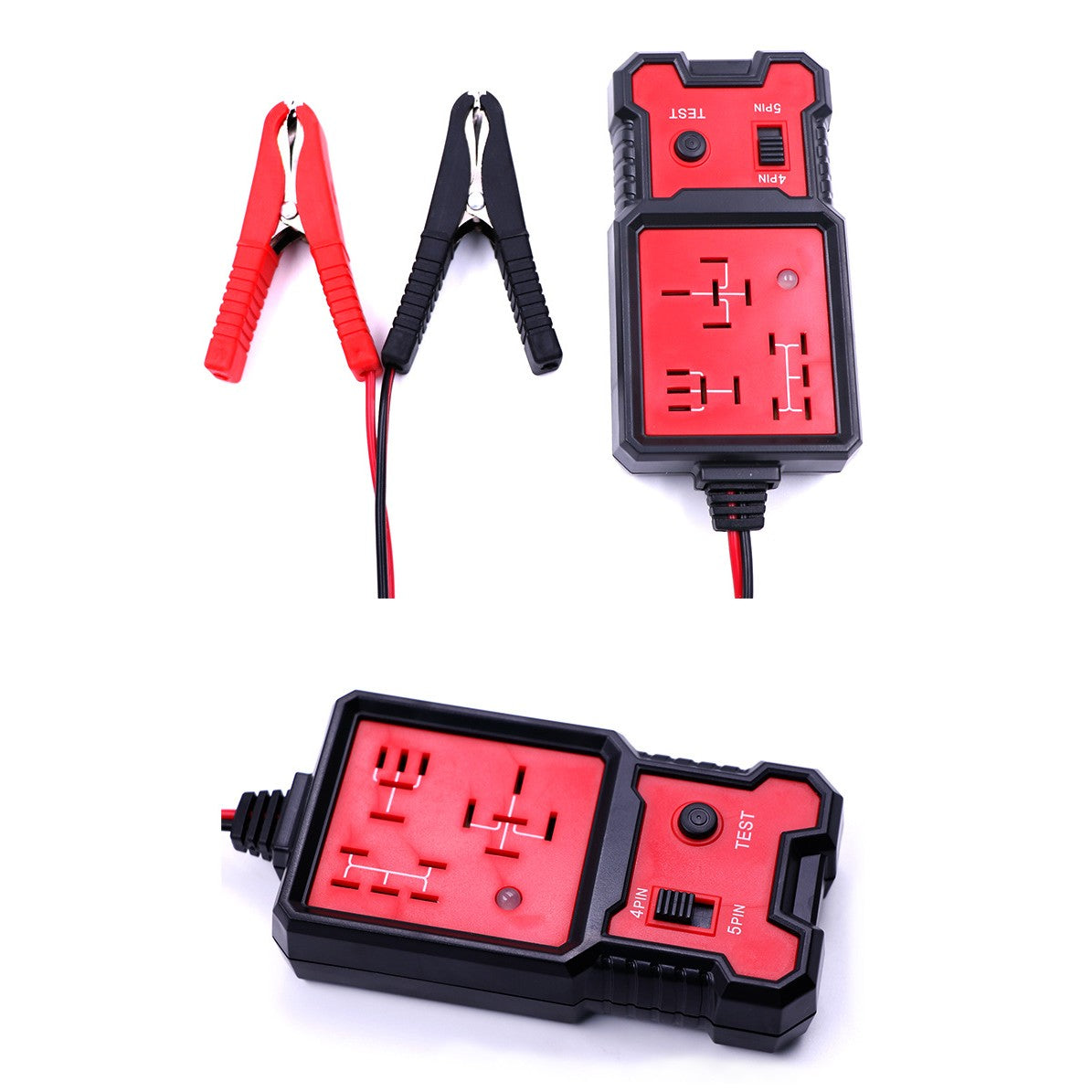 Tester Relee Auto Profesional 12V si 24V, Diagnosticare Rapida Relee cu 4 si 5 Pini, Indicator LED, Cleme Crocodil, Cablu 89 cm, 11x5.7 cm, Negru