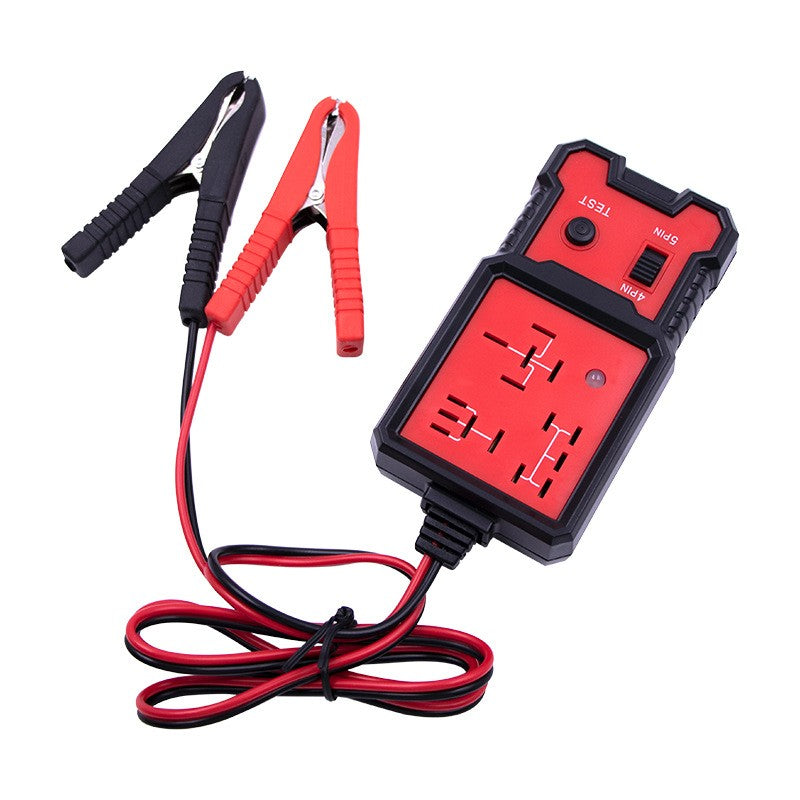 Tester Relee Auto Profesional 12V si 24V, Diagnosticare Rapida Relee cu 4 si 5 Pini, Indicator LED, Cleme Crocodil, Cablu 89 cm, 11x5.7 cm, Negru
