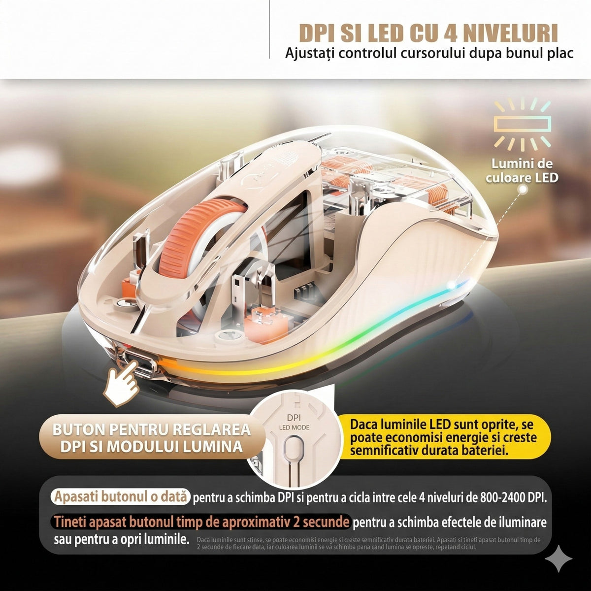 Mouse Wireless Multi Device, Conectivitate Dual Bluetooth si 2.4 GHz cu Receptor USB-C, Reincarcabil, 4 Niveluri DPI 800-2400, Iluminare LED, Silentios, Compatibil Laptop si Tableta, 10 x 6 cm, Crem