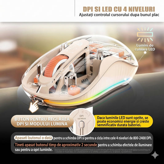 Mouse Wireless Multi Device, Conectivitate Dual Bluetooth si 2.4 GHz cu Receptor USB-C, Reincarcabil, 4 Niveluri DPI 800-2400, Iluminare LED, Silentios, Compatibil Laptop si Tableta, 10 x 6 cm, Crem
