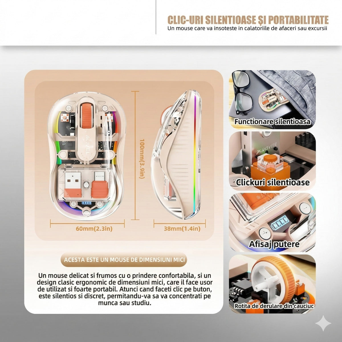 Mouse Wireless Multi Device, Conectivitate Dual Bluetooth si 2.4 GHz cu Receptor USB-C, Reincarcabil, 4 Niveluri DPI 800-2400, Iluminare LED, Silentios, Compatibil Laptop si Tableta, 10 x 6 cm, Crem