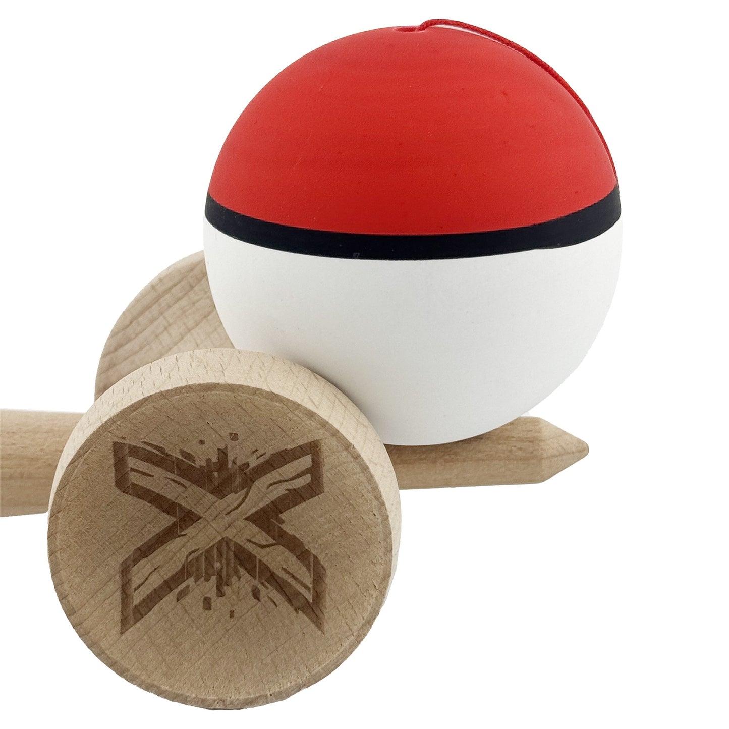 Kendama X Originala, Model V3 Rosu / Negru / Alb, Profesionala, Cupe Mari King Size, Rubber Grip, Gaura in Baza, Rulment, Ata 62cm