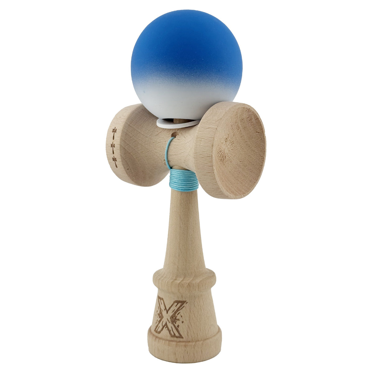 Kendama X Originala, Model V3 Albastru / Alb in Degrade, Profesionala, Cupe Mari King Size, Rubber Grip, Gaura in Baza, Rulment, Ata 62cm
