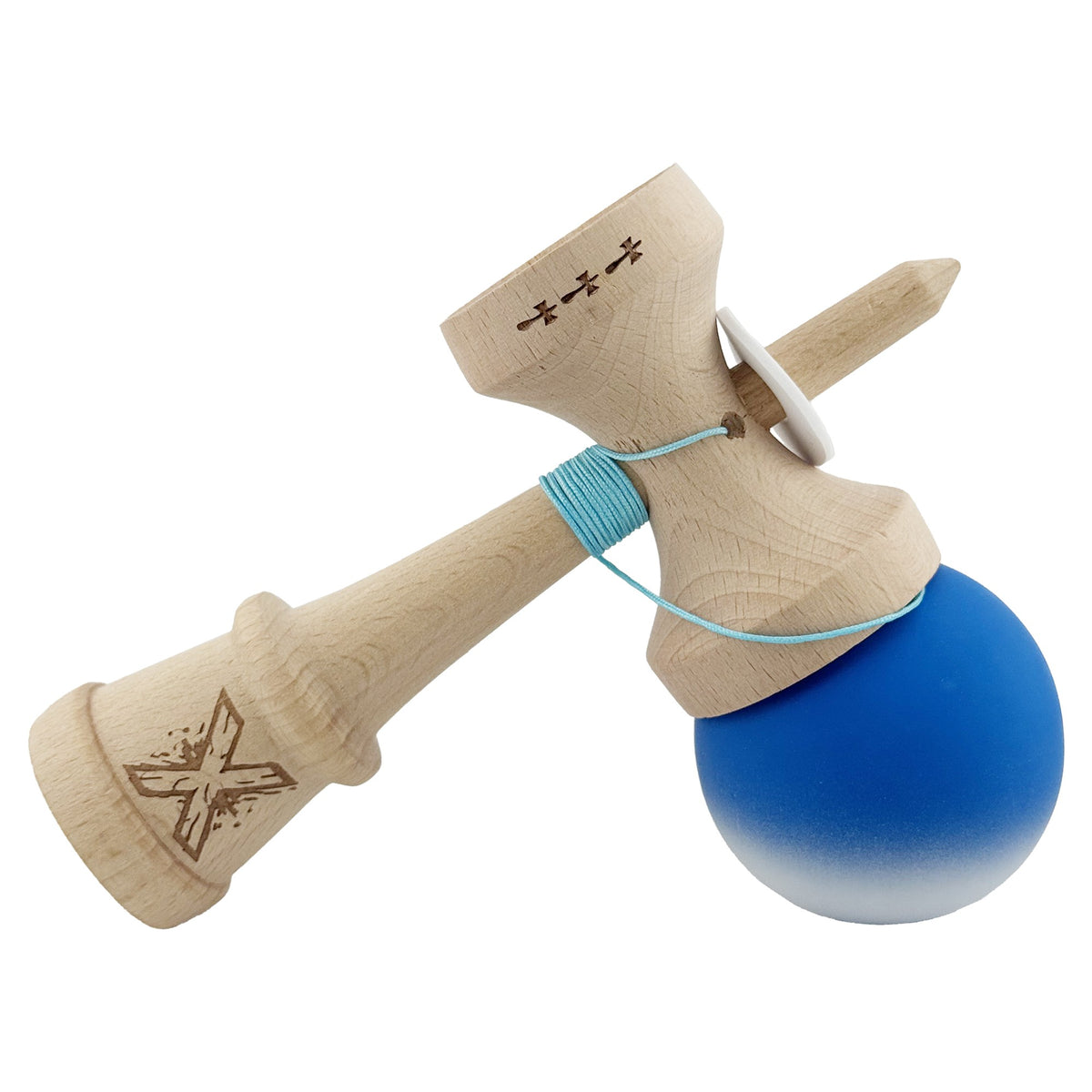 Kendama X Originala, Model V3 Albastru / Alb in Degrade, Profesionala, Cupe Mari King Size, Rubber Grip, Gaura in Baza, Rulment, Ata 62cm
