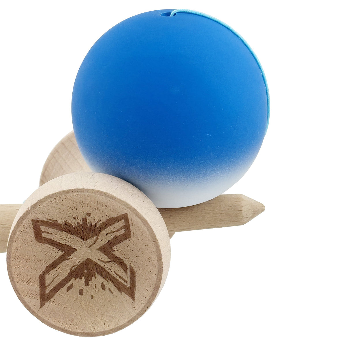 Kendama X Originala, Model V3 Albastru / Alb in Degrade, Profesionala, Cupe Mari King Size, Rubber Grip, Gaura in Baza, Rulment, Ata 62cm