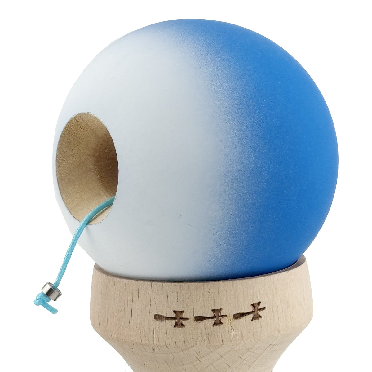 Kendama X Originala, Model V3 Albastru / Alb in Degrade, Profesionala, Cupe Mari King Size, Rubber Grip, Gaura in Baza, Rulment, Ata 62cm