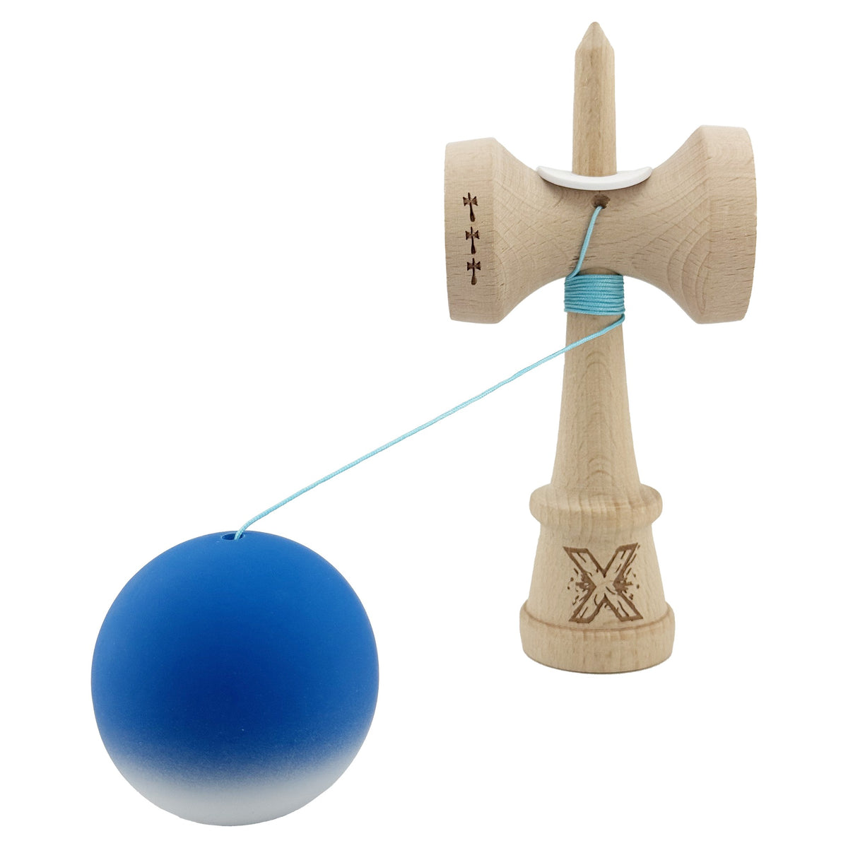 Kendama X Originala, Model V3 Albastru / Alb in Degrade, Profesionala, Cupe Mari King Size, Rubber Grip, Gaura in Baza, Rulment, Ata 62cm