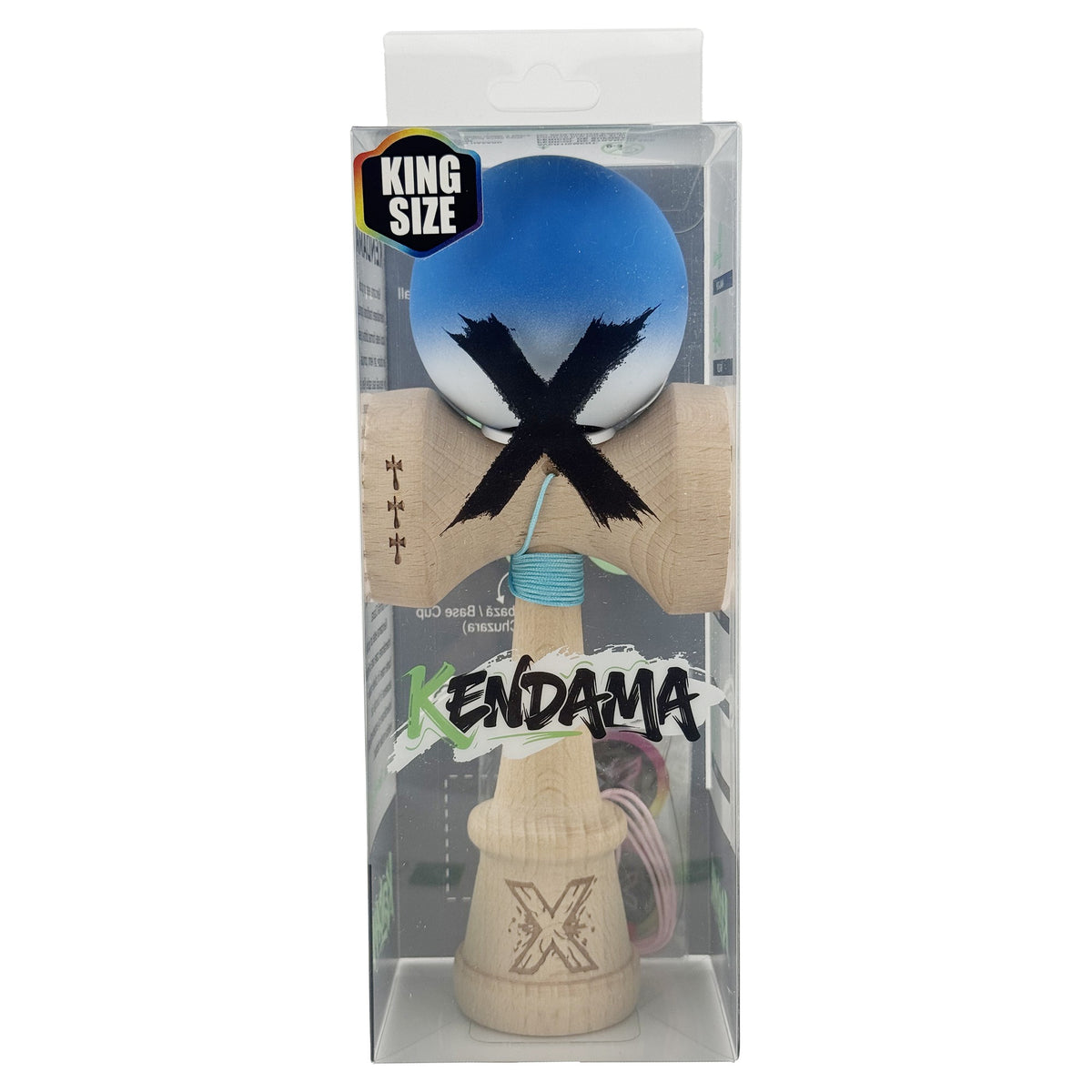 Kendama X Originala, Model V3 Albastru / Alb in Degrade, Profesionala, Cupe Mari King Size, Rubber Grip, Gaura in Baza, Rulment, Ata 62cm