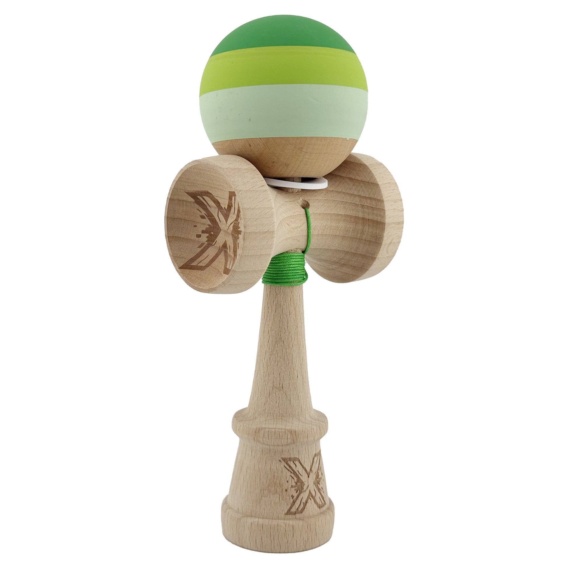 Kendama X Originala, Model V3 Verde, Profesionala, Cupe Mari King Size, Rubber Grip, Gaura in Baza, Rulment, Ata 55cm