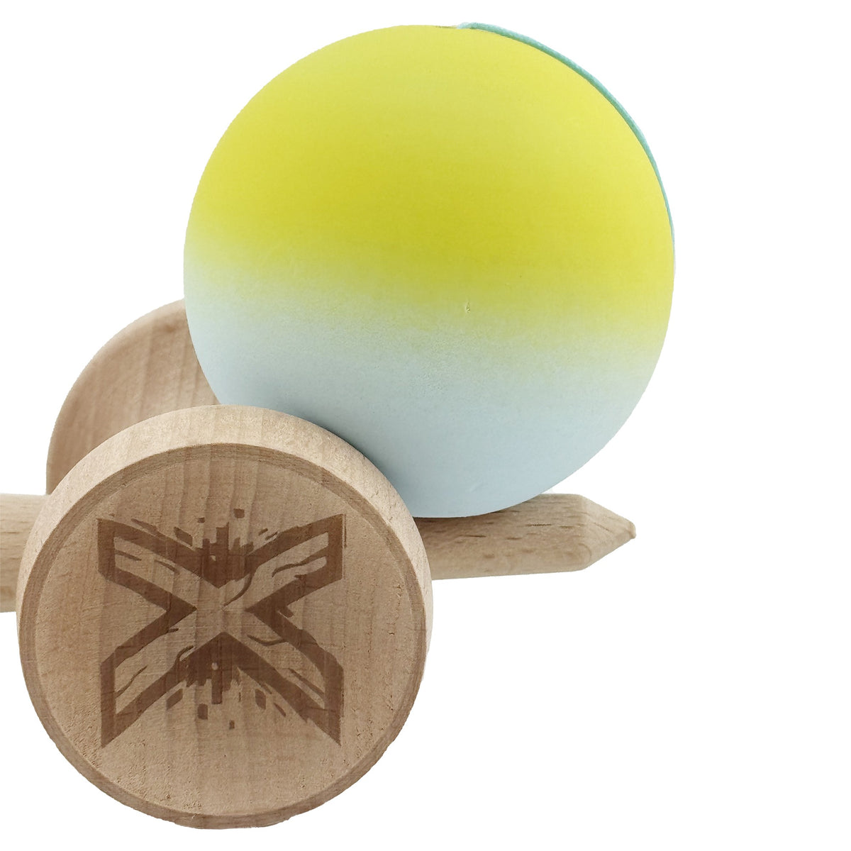 Kendama X Originala, Model V3 Galben / Verde Deschis in Degrade, Profesionala, Cupe Mari King Size, Rubber Grip, Gaura in Baza, Rulment, Ata 62cm