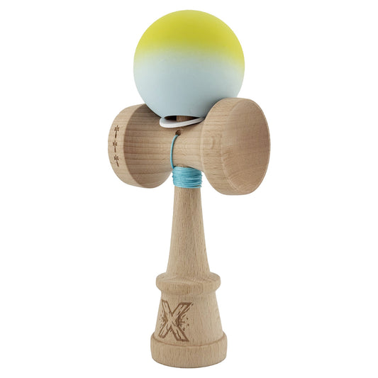 Kendama X Originala, Model V3 Galben / Verde Deschis in Degrade, Profesionala, Cupe Mari King Size, Rubber Grip, Gaura in Baza, Rulment, Ata 62cm