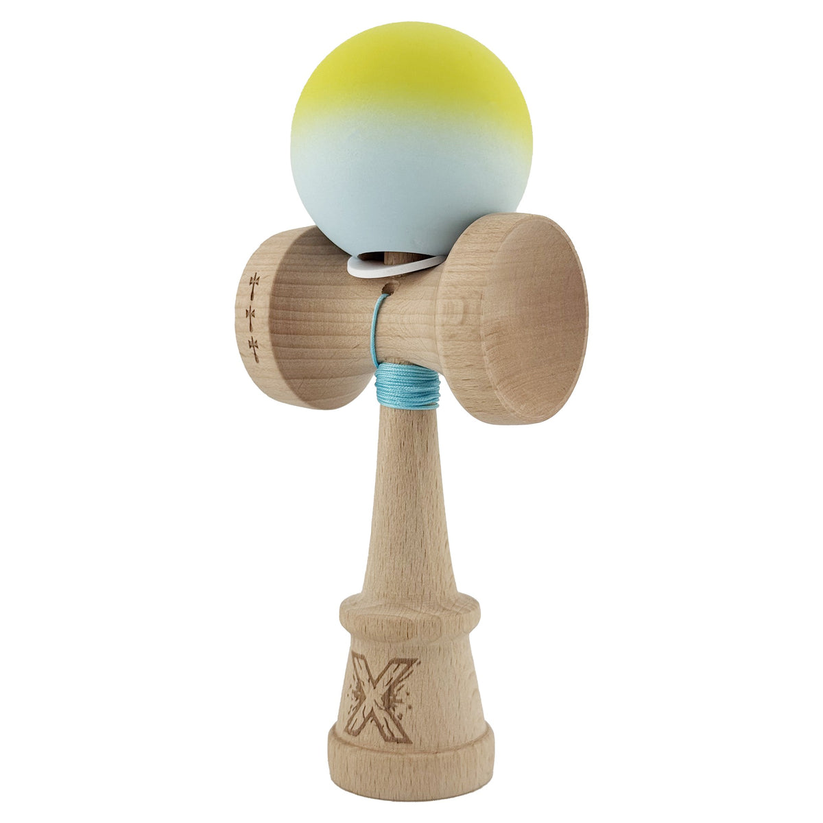 Kendama X Originala, Model V3 Galben / Verde Deschis in Degrade, Profesionala, Cupe Mari King Size, Rubber Grip, Gaura in Baza, Rulment, Ata 62cm