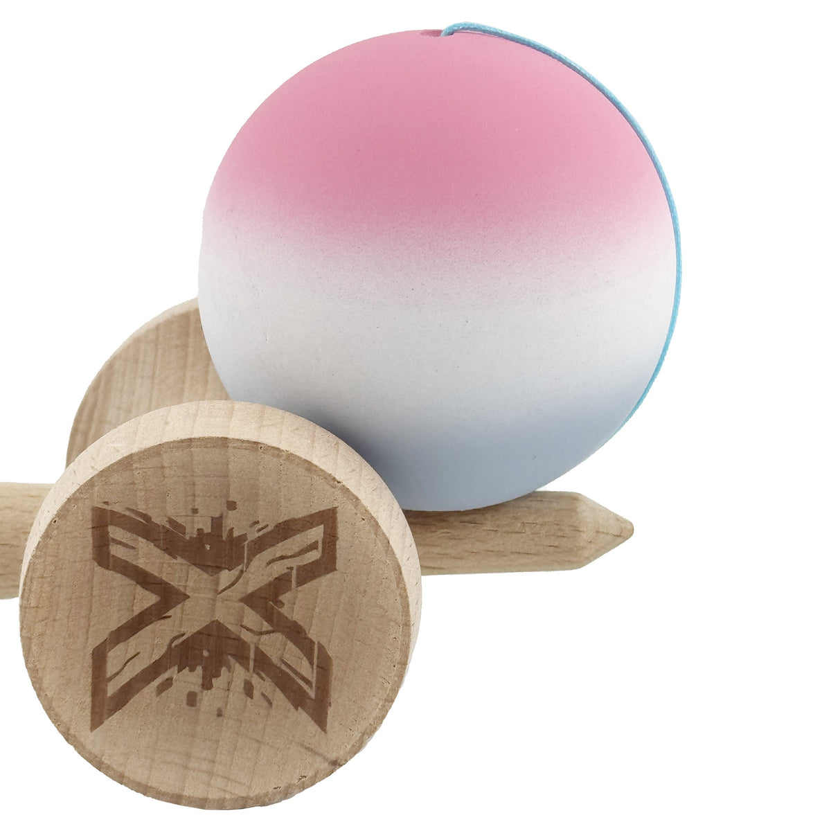 Kendama X Originala, Model V3 Roz / Alb / Gri in Degrade, Profesionala, Cupe Mari King Size, Rubber Grip, Gaura in Baza, Rulment, Ata 62cm