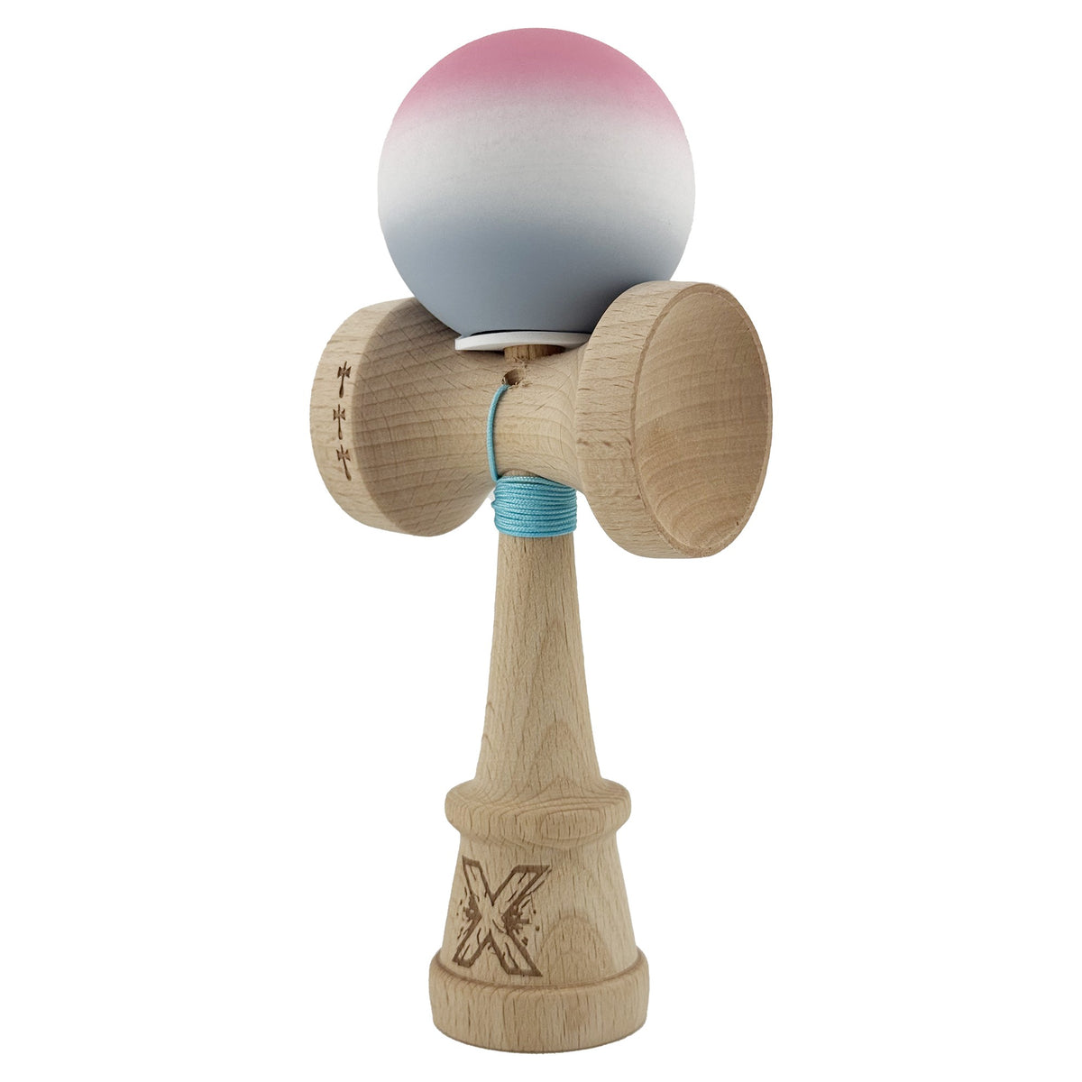 Kendama X Originala, Model V3 Roz / Alb / Gri in Degrade, Profesionala, Cupe Mari King Size, Rubber Grip, Gaura in Baza, Rulment, Ata 62cm