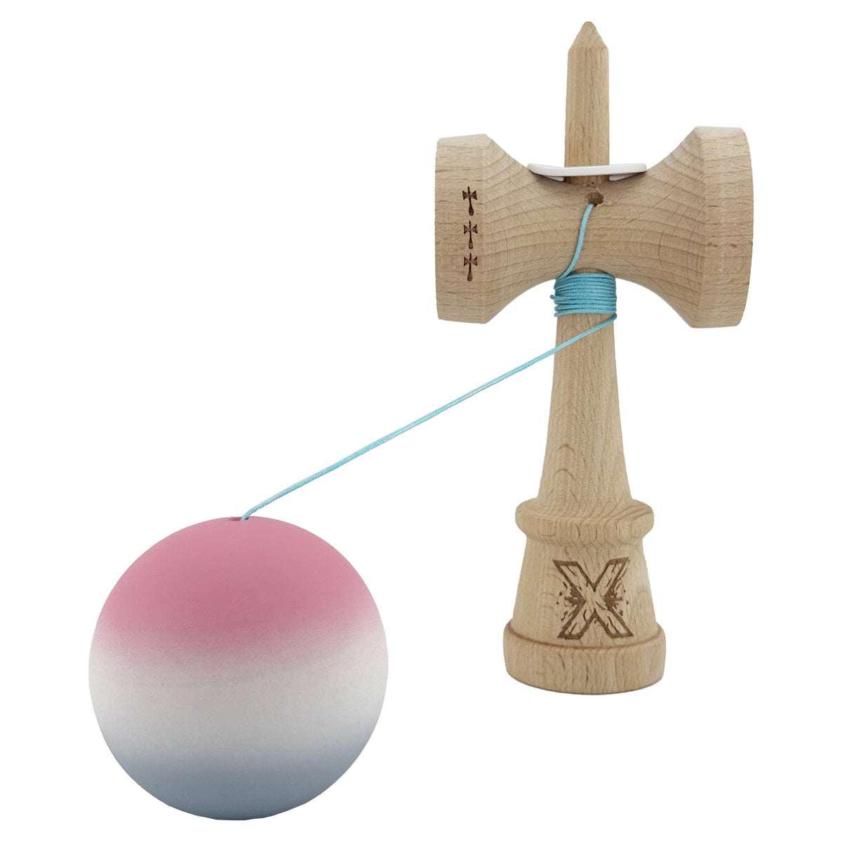 Kendama X Originala, Model V3 Roz / Alb / Gri in Degrade, Profesionala, Cupe Mari King Size, Rubber Grip, Gaura in Baza, Rulment, Ata 62cm