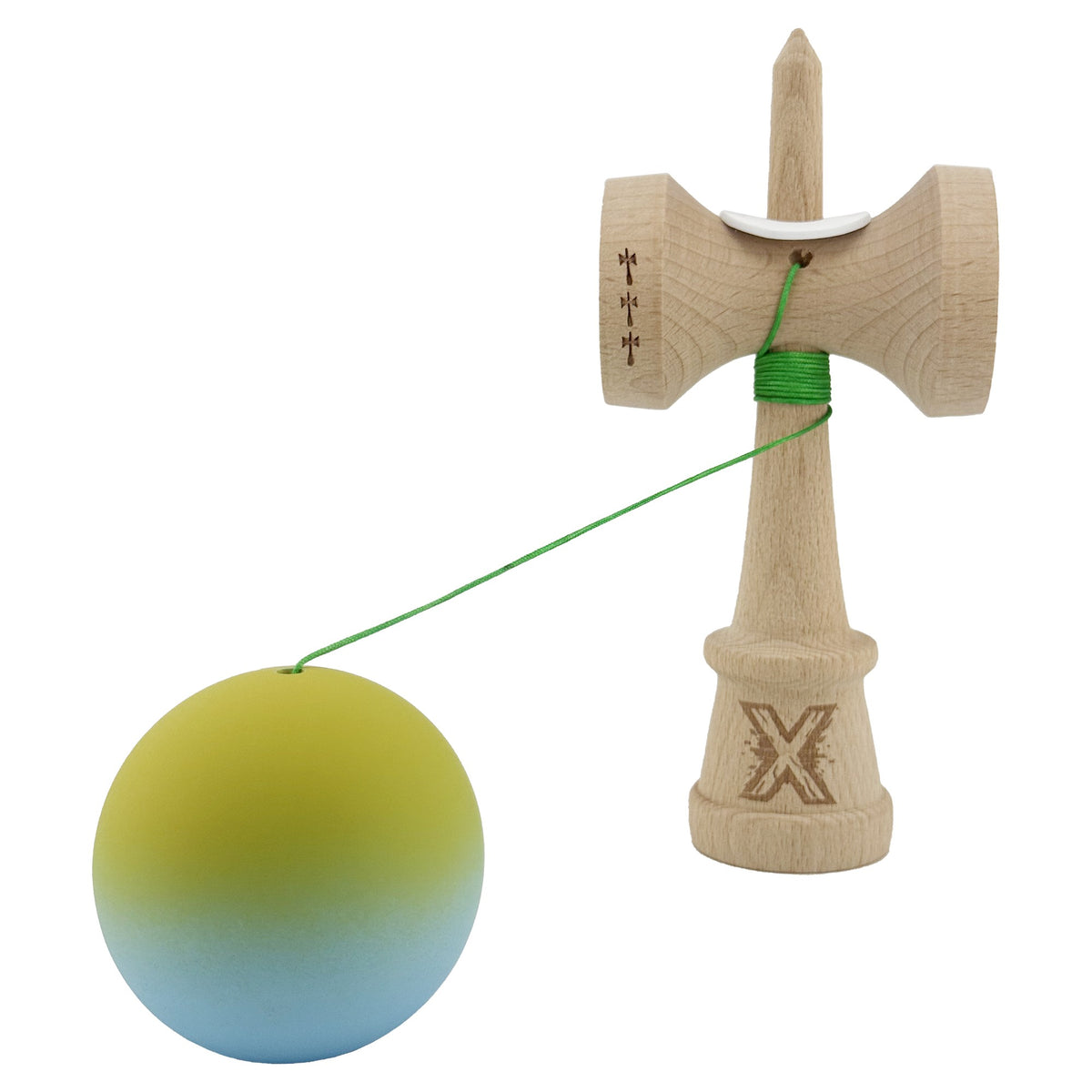 Kendama X Originala, Model V3 Galben/Albastru Deschis in Degrade, Profesionala, Cupe Mari King Size, Rubber Grip, Gaura in Baza, Rulment, Ata 62cm