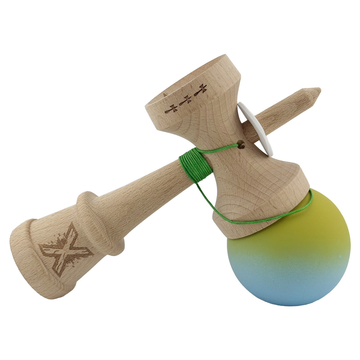 Kendama X Originala, Model V3 Galben/Albastru Deschis in Degrade, Profesionala, Cupe Mari King Size, Rubber Grip, Gaura in Baza, Rulment, Ata 62cm