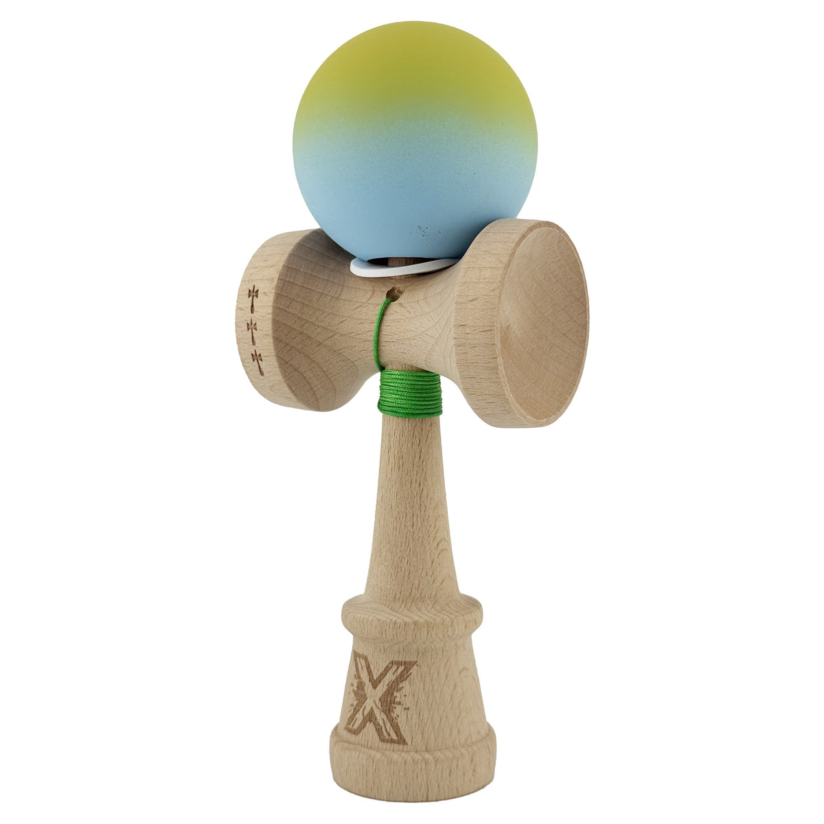 Kendama X Originala, Model V3 Galben/Albastru Deschis in Degrade, Profesionala, Cupe Mari King Size, Rubber Grip, Gaura in Baza, Rulment, Ata 62cm