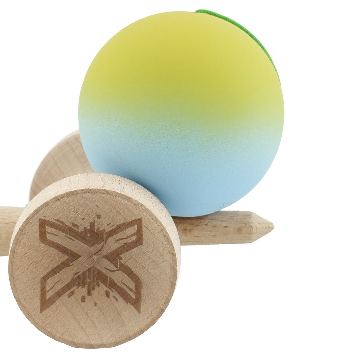 Kendama X Originala, Model V3 Galben/Albastru Deschis in Degrade, Profesionala, Cupe Mari King Size, Rubber Grip, Gaura in Baza, Rulment, Ata 62cm