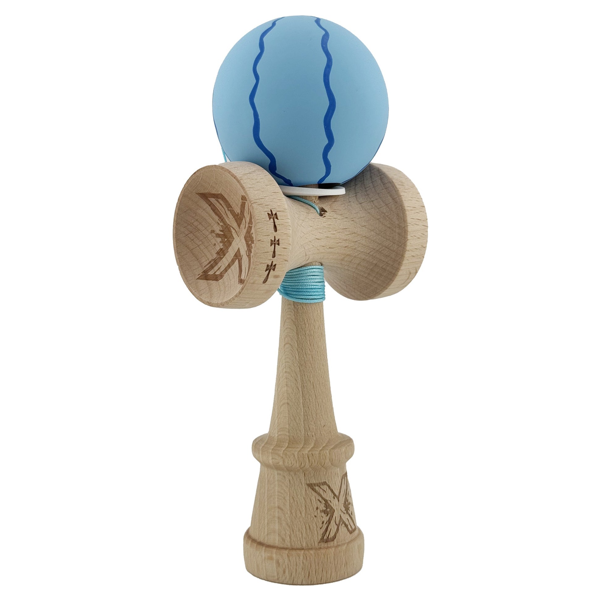 Kendama X Originala, Model V3 Special Albastru Deschis, Profesionala, Cupe Mari King Size, Rubber Grip, Gaura in Baza, Rulment, Ata 55cm