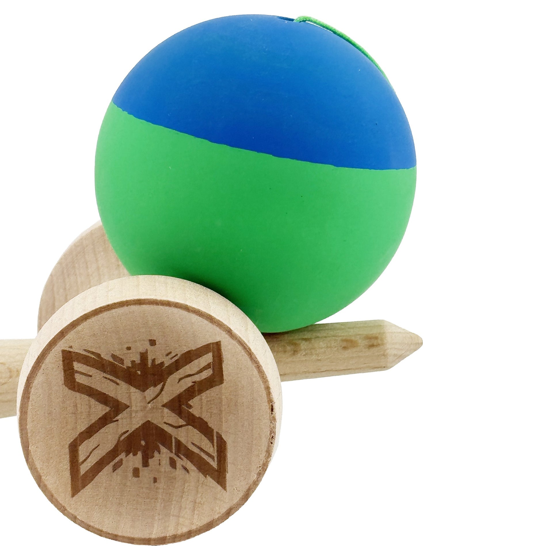 Kendama X Originala, Model V3 Albastru / Verde, Profesionala, Cupe Mari King Size, Rubber Grip, Gaura in Baza, Rulment, Ata 62cm