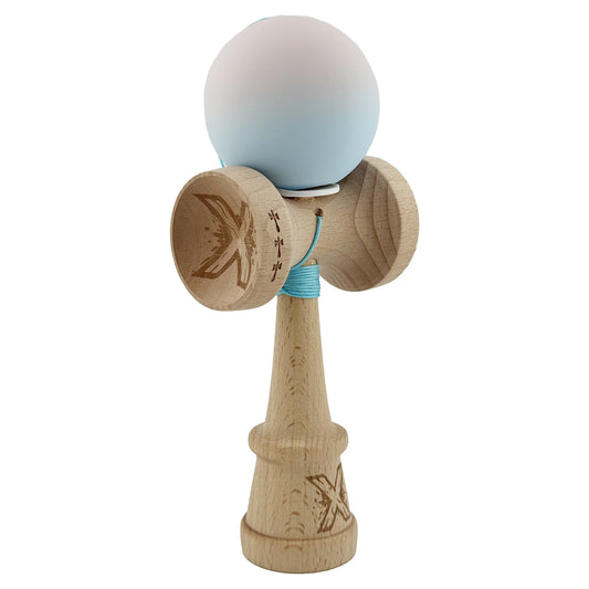 Kendama X Originala, Model V3 Lila / Turcoaz in Degrade, Profesionala, Cupe Mari King Size, Rubber Grip, Gaura in Baza, Rulment, Ata 55cm