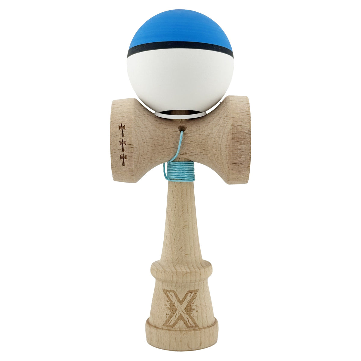 Kendama X Originala, Model V3 Albastru / Negru / Alb, Profesionala, Cupe Mari King Size, Rubber Grip, Gaura in Baza, Rulment, Ata 62cm