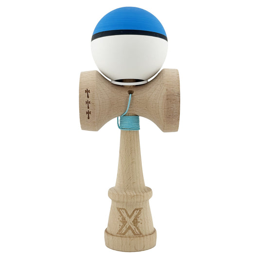 Kendama X Originala, Model V3 Albastru / Negru / Alb, Profesionala, Cupe Mari King Size, Rubber Grip, Gaura in Baza, Rulment, Ata 62cm