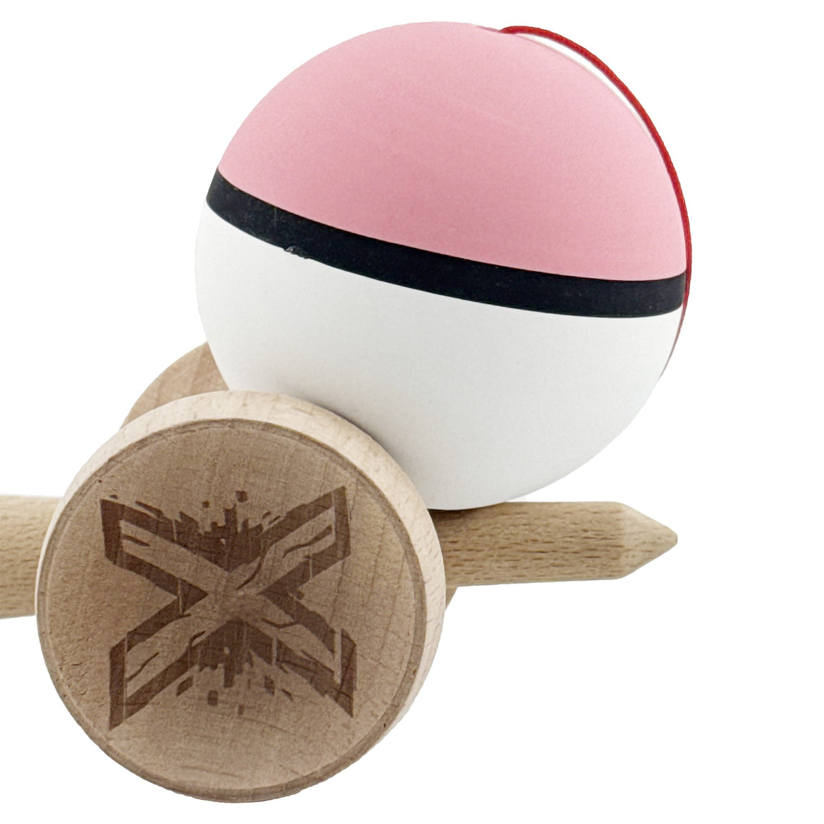 Kendama X Originala, Model V3 Roz / Negru / Alb, Profesionala, Cupe Mari King Size, Rubber Grip, Gaura in Baza, Rulment, Ata 62cm