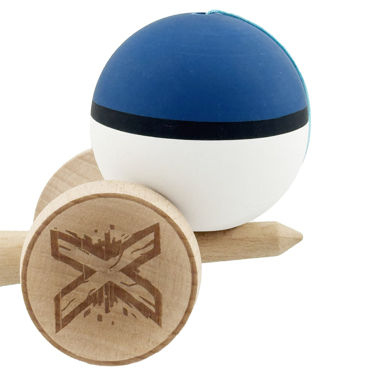 Kendama X Originala, Model V3 Albastru Inchis / Negru / Alb, Profesionala, Cupe Mari King Size, Rubber Grip, Gaura in Baza, Rulment, Ata 62cm