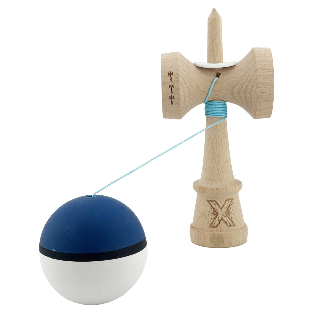Kendama X Originala, Model V3 Albastru Inchis / Negru / Alb, Profesionala, Cupe Mari King Size, Rubber Grip, Gaura in Baza, Rulment, Ata 62cm