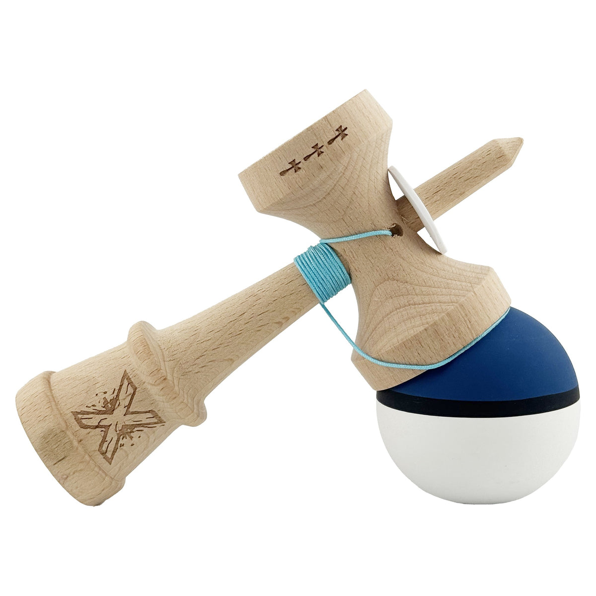 Kendama X Originala, Model V3 Albastru Inchis / Negru / Alb, Profesionala, Cupe Mari King Size, Rubber Grip, Gaura in Baza, Rulment, Ata 62cm