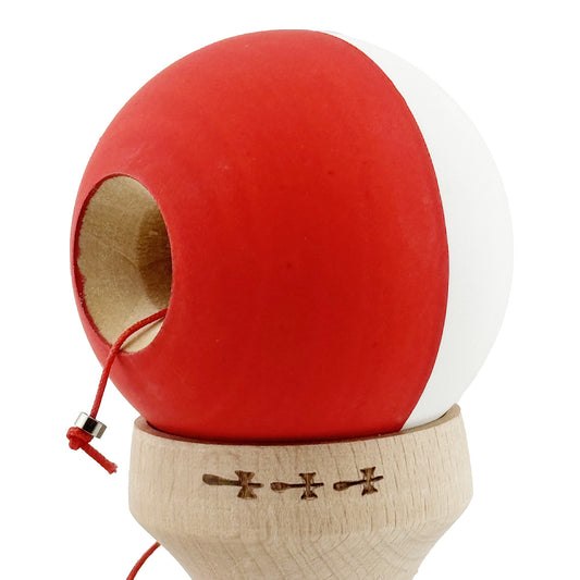 Kendama X Originala, Model V3 Alb / Rosu, Profesionala, Cupe Mari King Size, Rubber Grip, Gaura in Baza, Rulment, Ata 62cm