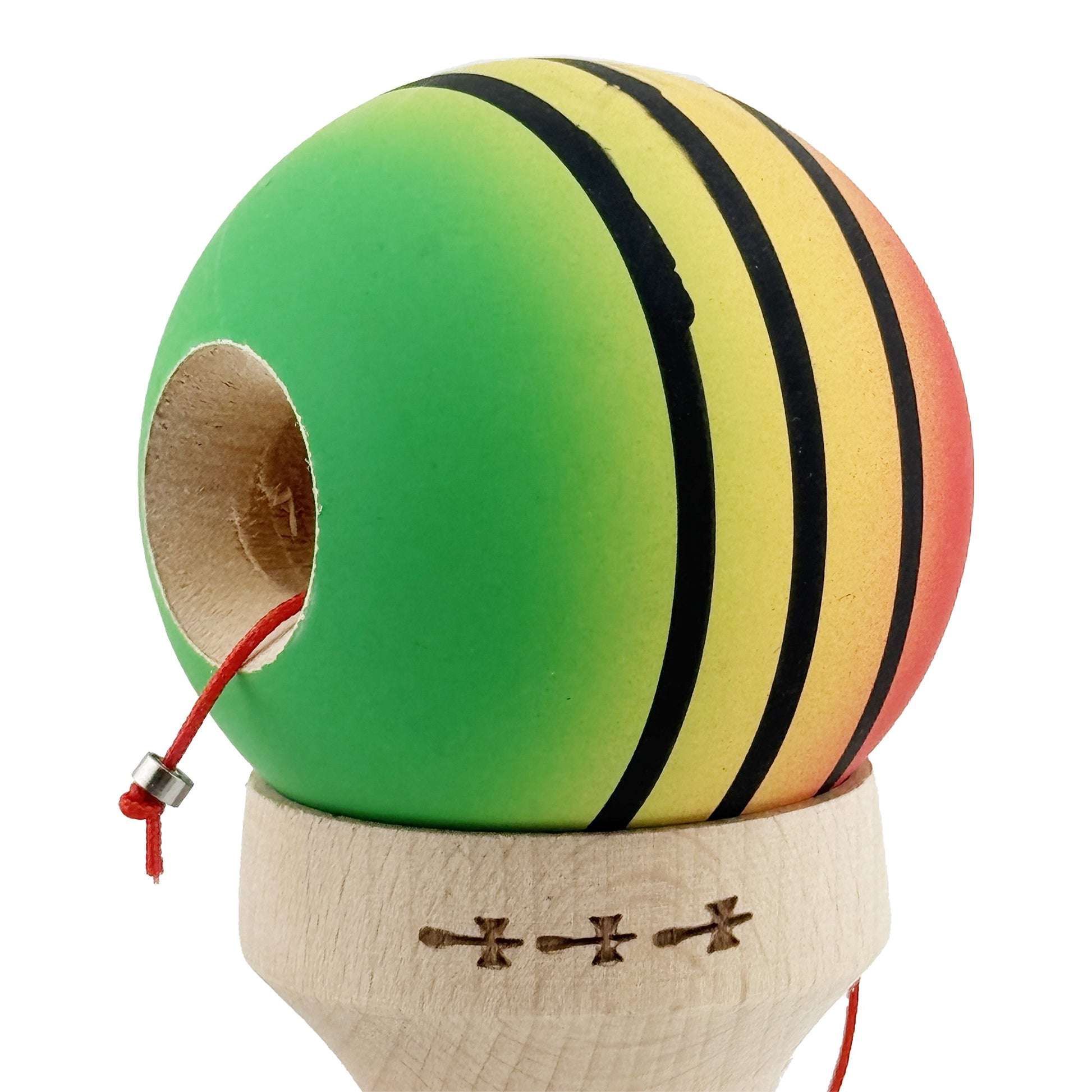 Kendama X Originala, Model V3 Rosu / Galben / Verde, Profesionala, Cupe Mari King Size, Rubber Grip, Gaura in Baza, Rulment, Ata 55cm
