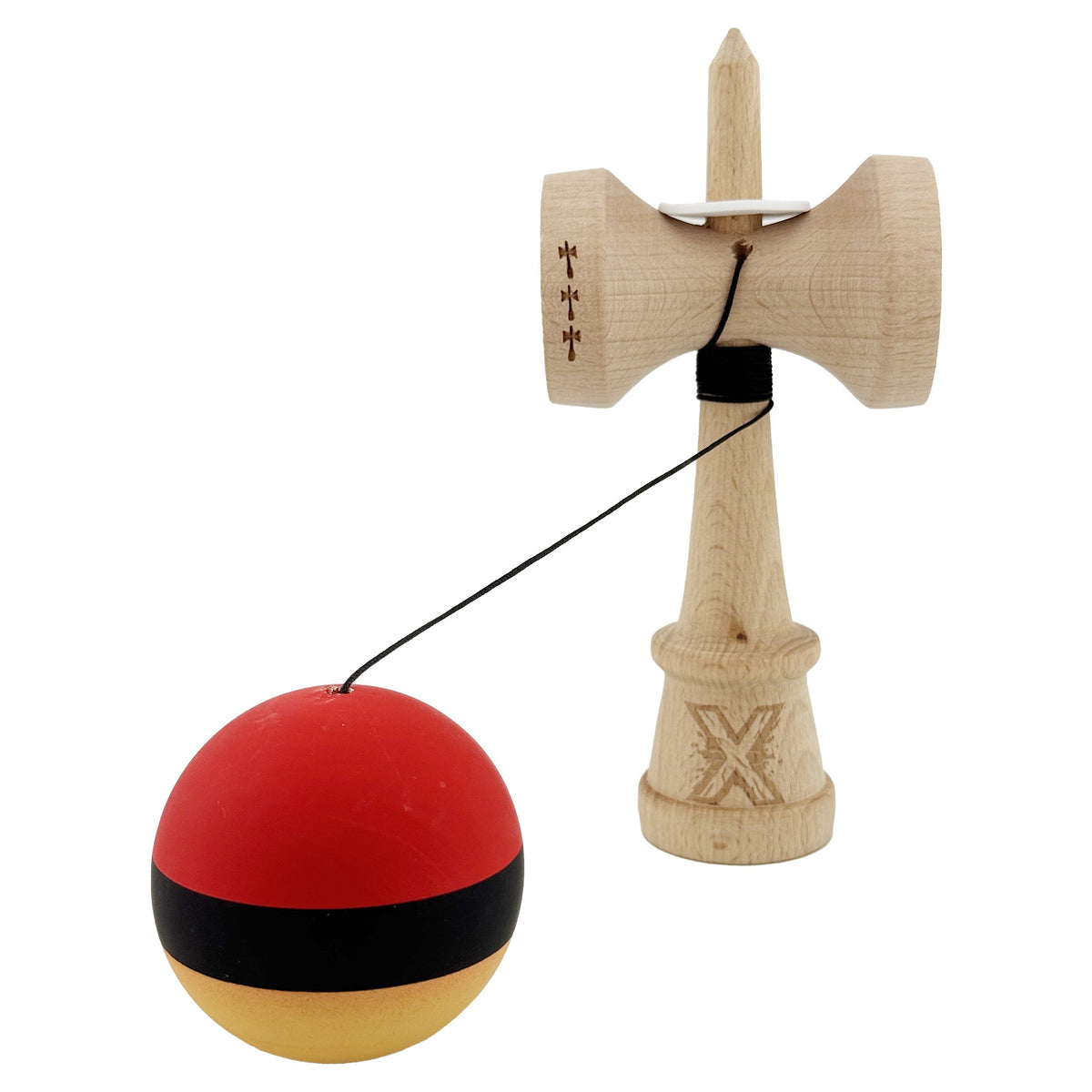 Kendama X Originala, Model V3 Rosu / Negru / Galben, Profesionala, Cupe Mari King Size, Rubber Grip, Gaura in Baza, Rulment, Ata 62cm